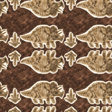Kahverengi el triceratops dinozor desenli. Bebek yuvası için cinsiyet Nötr Jurasik fosil silueti. Müze, nesli tükenme ve tekstil tasarımı için cinsiyet ayrımı yapılmamış ev dekorasyonu