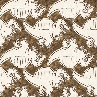 Kahverengi el, Spinosaurus dinazorların kusursuz desenlerini çizdi. Bebek yuvası için cinsiyet Nötr Jurasik fosil silueti. Müze, neslin tükenmesi ve tekstil tasarımı için ev dekorasyonu