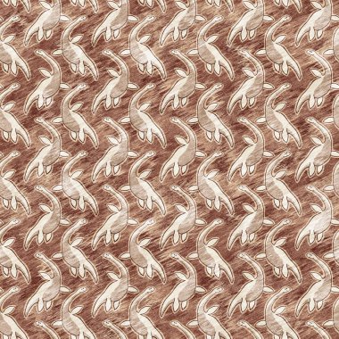 Kahverengi el plesiosaur dinazorunu kusursuz şekilde çizmiş. Bebek yuvası için cinsiyet Nötr Jurasik fosil silueti. Müze, nesli tükenme ve tekstil tasarımı için cinsiyet ayrımı yapılmamış ev dekorasyonu 