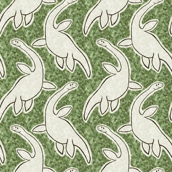 Green hand drawn plesiosaur dinosaur seamless pattern. Gender Neutral Jurassic fossil silhouette for baby nursery. Gender neutral home decor for museum, extinction and textile design