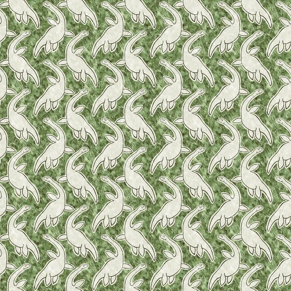 Green Hand Drawn Plesiosaur Dinosaur Seamless Pattern Gender Neutral Jurassic —  Fotos de Stock