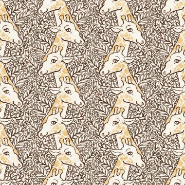 Bebek odası dekorasyonu için şirin bir safari vahşi zürafa deseni. Kusursuz Afrikalı kürklü kahverengi cinsiyet dokusuna sahip nötr iz tasarımı