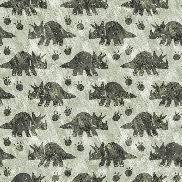 Green hand drawn triceratops dinosaur seamless pattern. Gender Neutral Jurassic fossil silhouette for baby nursery. Gender neutral home decor for museum, extinction and textile design