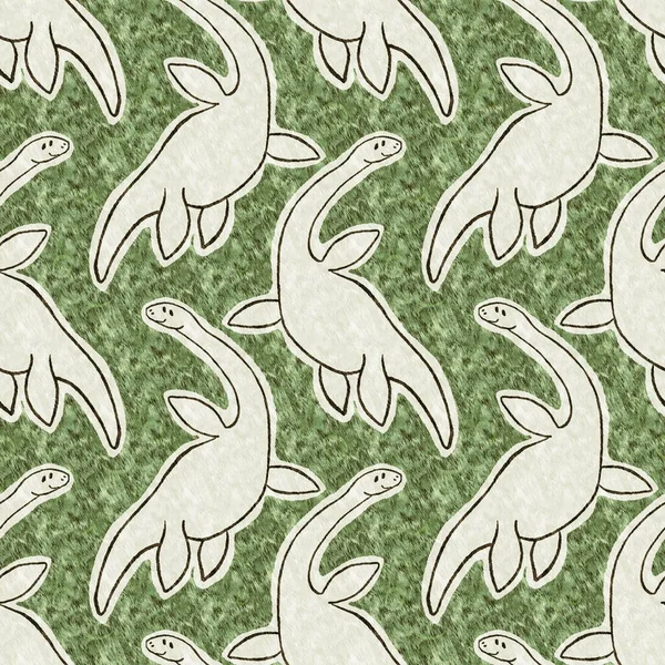 Green hand drawn plesiosaur dinosaur seamless pattern. Gender Neutral Jurassic fossil silhouette for baby nursery. Gender neutral home decor for museum, extinction and textile design