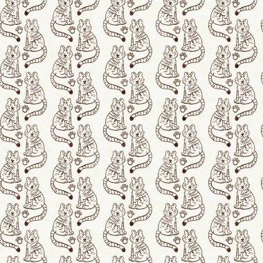 Bebek odası dekorasyonu için şirin bir safari vahşi kaplan deseni. Kusursuz büyük kedi kürklü kahverengi cinsiyet şekilli nötr iz tasarımı