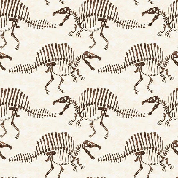 Brown hand drawn Spinosaurus fossil bones dinosaur seamless pattern. Gender Neutral Jurassic silhouette for baby nursery. Home decor for museum, extinction and textile design