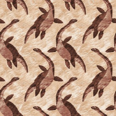 Kahverengi el plesiosaur dinazorunu kusursuz şekilde çizmiş. Bebek yuvası için cinsiyet Nötr Jurasik fosil silueti. Müze, nesli tükenme ve tekstil tasarımı için cinsiyet ayrımı yapılmamış ev dekorasyonu 