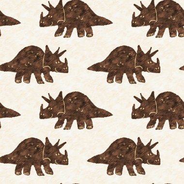 Hand drawn triceratops dinosaur seamless pattern. Gender Neutral Jurassic fossil silhouette for baby nursery. Gender neutral home decor for museum, extinction and textile design