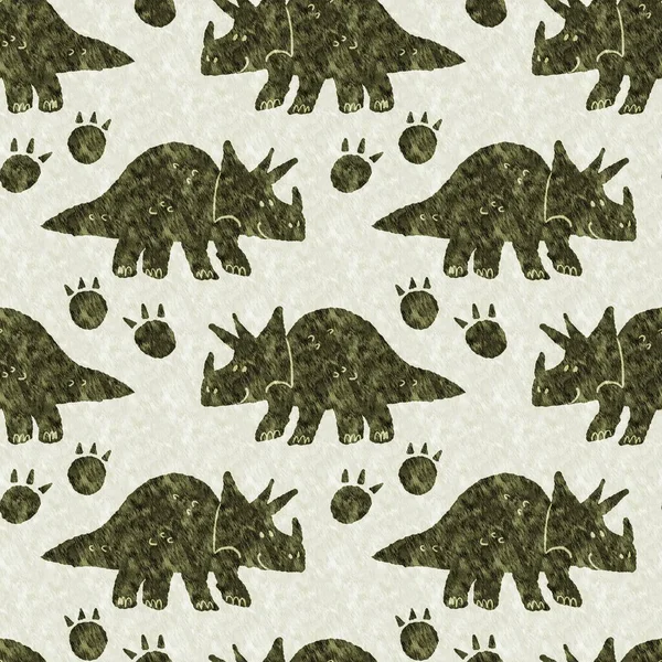 Green hand drawn triceratops dinosaur seamless pattern. Gender Neutral Jurassic fossil silhouette for baby nursery. Gender neutral home decor for museum, extinction and textile design