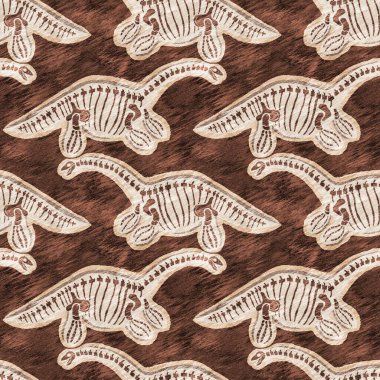 Kahverengi plesiosaur dinozor fosil kemikleri dikişsiz desen. Cinsiyet Tarafsız Jurasik siluet. Müze, excintion ve tekstil tasarımı için ev dekorasyonu