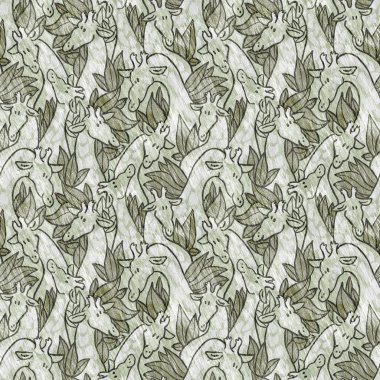 Bebek odası dekorasyonu için şirin bir safari vahşi zürafa deseni. Kusursuz Afrikalı kürklü yeşil, cinsiyet dokusuna sahip nötr baskı tasarımı.