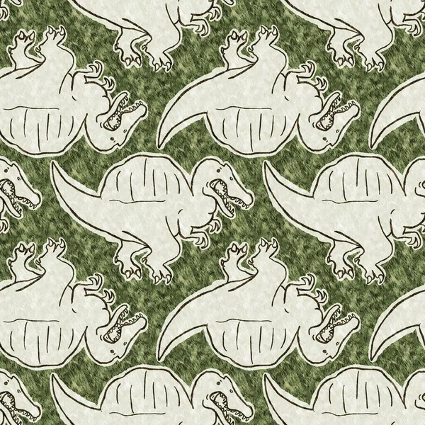 緑の手はスピノサウルスの恐竜のシームレスなパターンを描いた 性別赤ちゃんの保育のための中性ジュラ紀の化石シルエット 博物館 絶滅とテキスタイルデザインのための家の装飾 — ストック写真