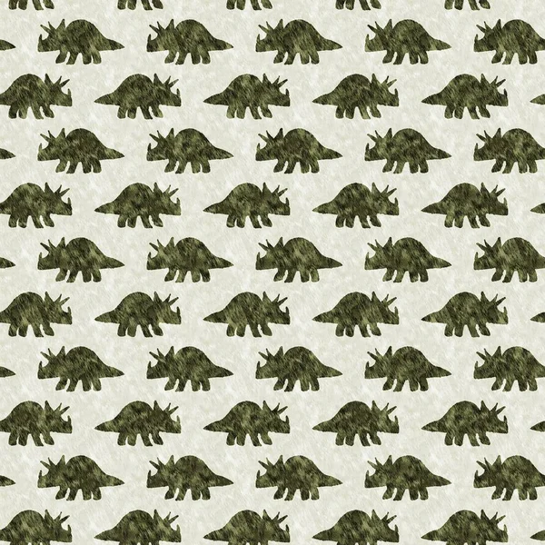 Green hand drawn triceratops dinosaur seamless pattern. Gender Neutral Jurassic fossil silhouette for baby nursery. Gender neutral home decor for museum, extinction and textile design