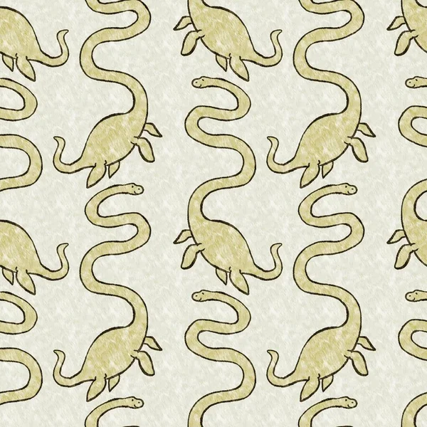 Green Hand Drawn Plesiosaur Dinosaur Seamless Pattern Gender Neutral Jurassic — Foto de Stock