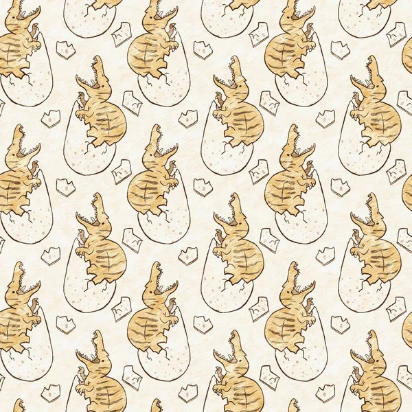 Brown hand drawn Spinosaurus in egg seamless pattern. Gender Neutral Jurassic dinosaur fossil silhouette for baby nursery. Home decor for museum, extinction and textile design