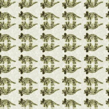 Green triceratops dinosaur fossil bones seamless pattern. Gender Neutral Jurassic silhouette for baby nursery. Gender neutral home decor for museum, extinction and textile design