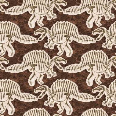 Kahverengi el, Spinosaurus fosil kemikleri çizdi dinozor dikişsiz deseni. Bebek odası için cinsiyet olarak Tarafsız Jurasik siluet. Müze, neslin tükenmesi ve tekstil tasarımı için ev dekorasyonu