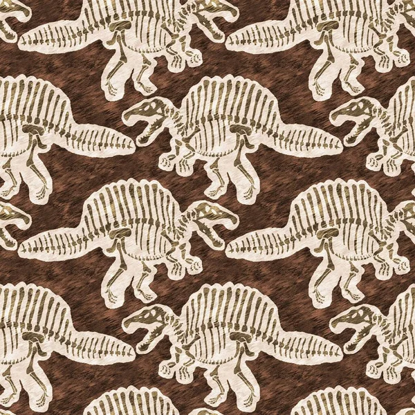 Brown hand drawn Spinosaurus fossil bones dinosaur seamless pattern. Gender Neutral Jurassic silhouette for baby nursery. Home decor for museum, extinction and textile design
