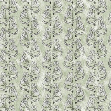 Bebek odası dekorasyonu için şirin bir safari vahşi kaplan deseni. Kusursuz büyük kedi kürklü yeşil desenli cinsiyet nötr iz tasarımı