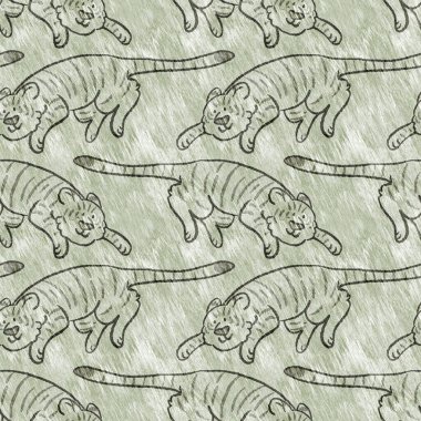 Bebek odası dekorasyonu için şirin bir safari vahşi kaplan deseni. Kusursuz büyük kedi kürklü yeşil desenli cinsiyet nötr iz tasarımı