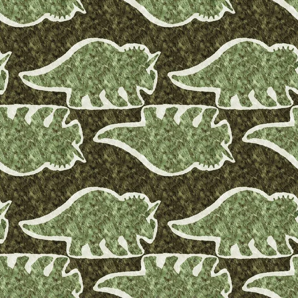 Verde Dibujado Mano Triceratops Dinosaurio Patrón Sin Costura Silueta Fósil —  Fotos de Stock