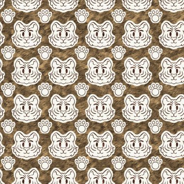 Bebek odası dekorasyonu için şirin bir safari vahşi kaplan deseni. Kusursuz büyük kedi kürklü kahverengi cinsiyet şekilli nötr iz tasarımı