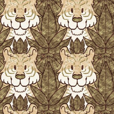 Bebek odası dekorasyonu için şirin bir safari vahşi kaplan deseni. Kusursuz büyük kedi kürklü kahverengi cinsiyet şekilli nötr iz tasarımı