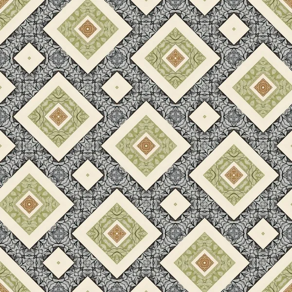 Forest Green Decorative Damask Seamless Pattern Geometric Kaleidoscope Linen Wallpaper — ストック写真