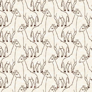 Bebek odası dekorasyonu için şirin bir safari vahşi zürafa deseni. Kusursuz Afrikalı kürklü kahverengi cinsiyet dokusuna sahip nötr iz tasarımı