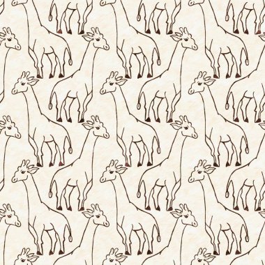 Bebek odası dekorasyonu için şirin bir safari vahşi zürafa deseni. Kusursuz Afrikalı kürklü kahverengi cinsiyet dokusuna sahip nötr iz tasarımı