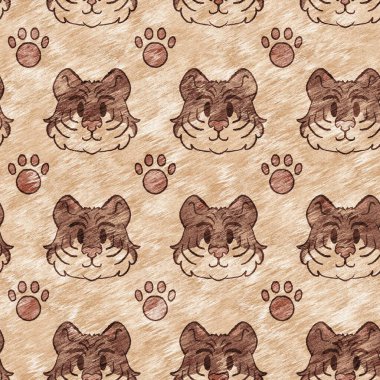 Bebek odası dekorasyonu için şirin bir safari vahşi kaplan deseni. Kusursuz büyük kedi kürklü kahverengi cinsiyet şekilli nötr iz tasarımı