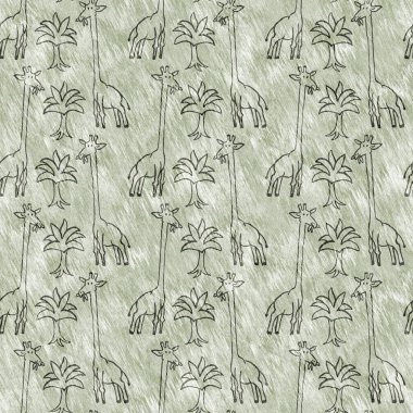 Bebek odası dekorasyonu için şirin bir safari vahşi zürafa deseni. Kusursuz Afrikalı kürklü yeşil, cinsiyet dokusuna sahip nötr baskı tasarımı.