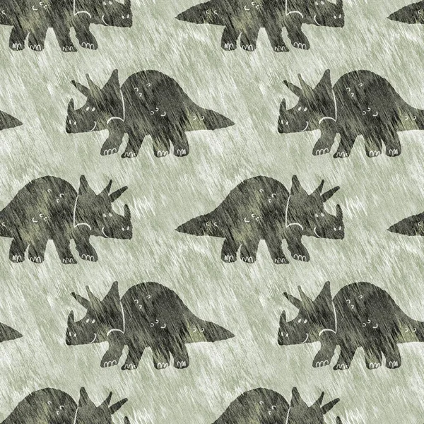 Green hand drawn triceratops dinosaur seamless pattern. Gender Neutral Jurassic fossil silhouette for baby nursery. Gender neutral home decor for museum, extinction and textile design