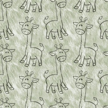 Bebek odası dekorasyonu için şirin bir safari vahşi zürafa deseni. Kusursuz Afrikalı kürklü yeşil, cinsiyet dokusuna sahip nötr baskı tasarımı.