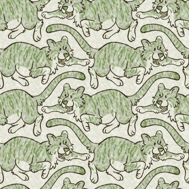 Bebek odası dekorasyonu için şirin bir safari vahşi kaplan deseni. Kusursuz büyük kedi kürklü yeşil desenli cinsiyet nötr iz tasarımı