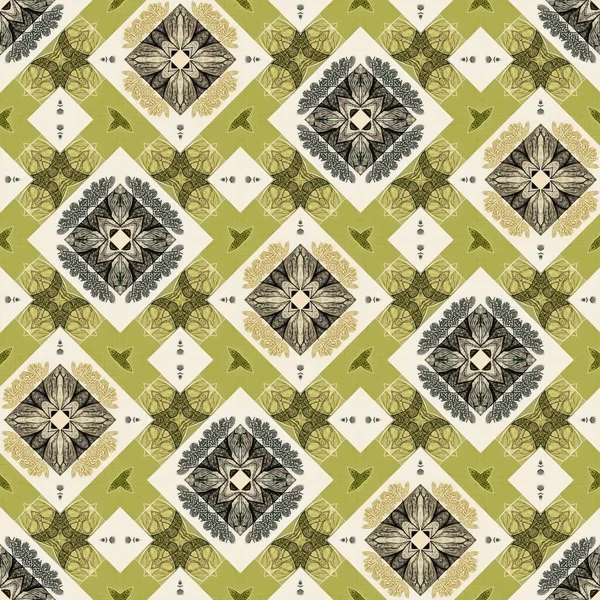 Forest green decorative damask seamless pattern. Geometric kaleidoscope linen for wallpaper backdrop. Printed fabric of optic trendy vintage design