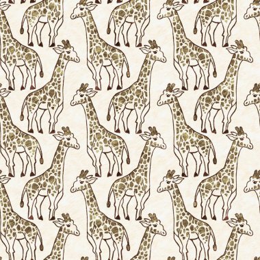 Bebek odası dekorasyonu için şirin bir safari vahşi zürafa deseni. Kusursuz Afrikalı kürklü kahverengi cinsiyet dokusuna sahip nötr iz tasarımı