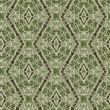 Mozaik geometrik yeşil, pürüzsüz doku deseni. Yazılı kumaş için modaya uygun kaleydoskop tasarımı. Sert soyut tekstil tasarımı