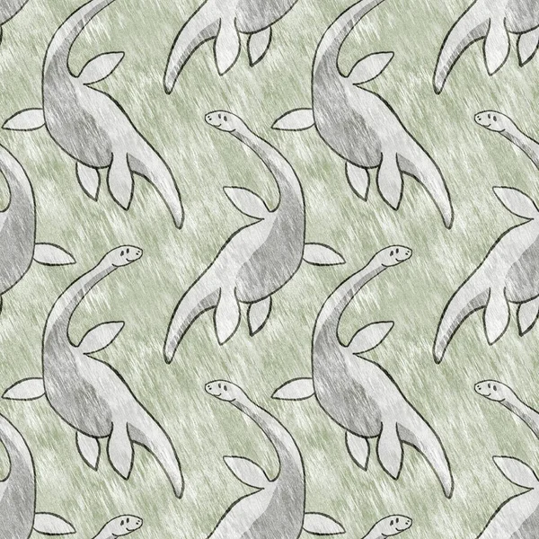 Brown hand drawn plesiosaur dinosaur seamless pattern. Gender Neutral Jurassic fossil silhouette for baby nursery. Gender neutral home decor for museum, extinction and textile design