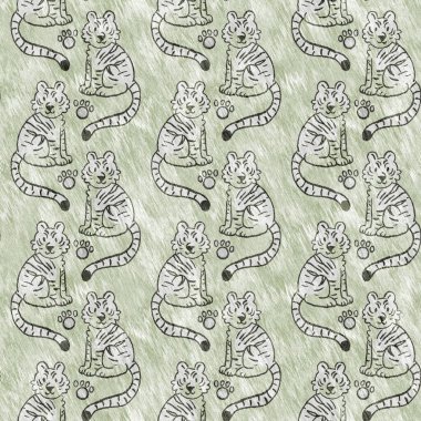 Bebek odası dekorasyonu için şirin bir safari vahşi kaplan deseni. Kusursuz büyük kedi kürklü yeşil desenli cinsiyet nötr iz tasarımı