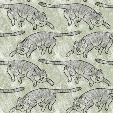 Bebek odası dekorasyonu için şirin bir safari vahşi kaplan deseni. Kusursuz büyük kedi kürklü yeşil desenli cinsiyet nötr iz tasarımı