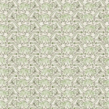 Bebek odası dekorasyonu için şirin bir safari vahşi kaplan deseni. Kusursuz büyük kedi kürklü yeşil desenli cinsiyet nötr iz tasarımı