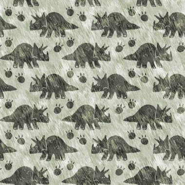 Yeşil el triceratops dinozor deseni çizdi. Bebek yuvası için cinsiyet Nötr Jurasik fosil silueti. Müze, nesli tükenme ve tekstil tasarımı için cinsiyet ayrımı yapılmamış ev dekorasyonu