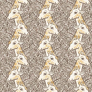 Bebek odası dekorasyonu için şirin bir safari vahşi zürafa deseni. Kusursuz Afrikalı kürklü kahverengi cinsiyet dokusuna sahip nötr iz tasarımı