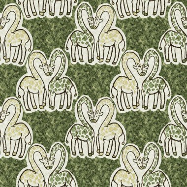 Bebek odası dekorasyonu için şirin bir safari vahşi zürafa deseni. Kusursuz Afrikalı kürklü yeşil, cinsiyet dokusuna sahip nötr baskı tasarımı.