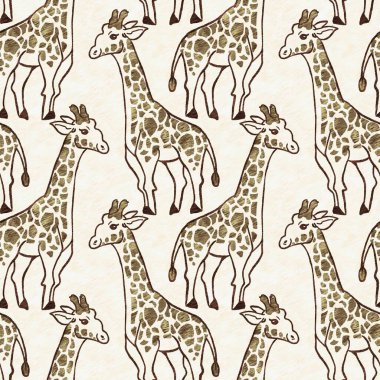 Bebek odası dekorasyonu için şirin bir safari vahşi zürafa deseni. Kusursuz Afrikalı kürklü kahverengi cinsiyet dokusuna sahip nötr iz tasarımı
