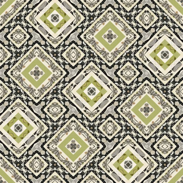 Forest green decorative damask seamless pattern. Geometric kaleidoscope linen for wallpaper backdrop. Printed fabric of optic trendy vintage design