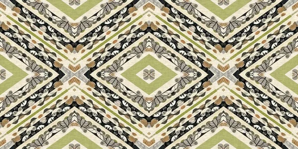 Forest green decorative damask seamless border. Geometric kaleidoscope linen for wallpaper washi tape. Printed fabric of optic trendy vintage design