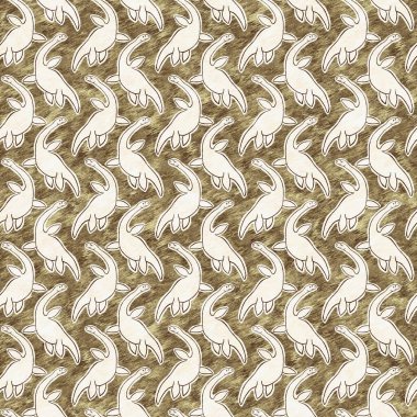 Brown hand drawn plesiosaur dinosaur seamless pattern. Gender Neutral Jurassic fossil silhouette for baby nursery. Gender neutral home decor for museum, extinction and textile design