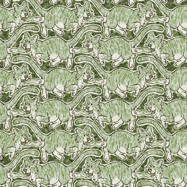 Cute safari wild tiger animal pattern for babies room decor. Seamless big cat furry green textured gender neutral print design